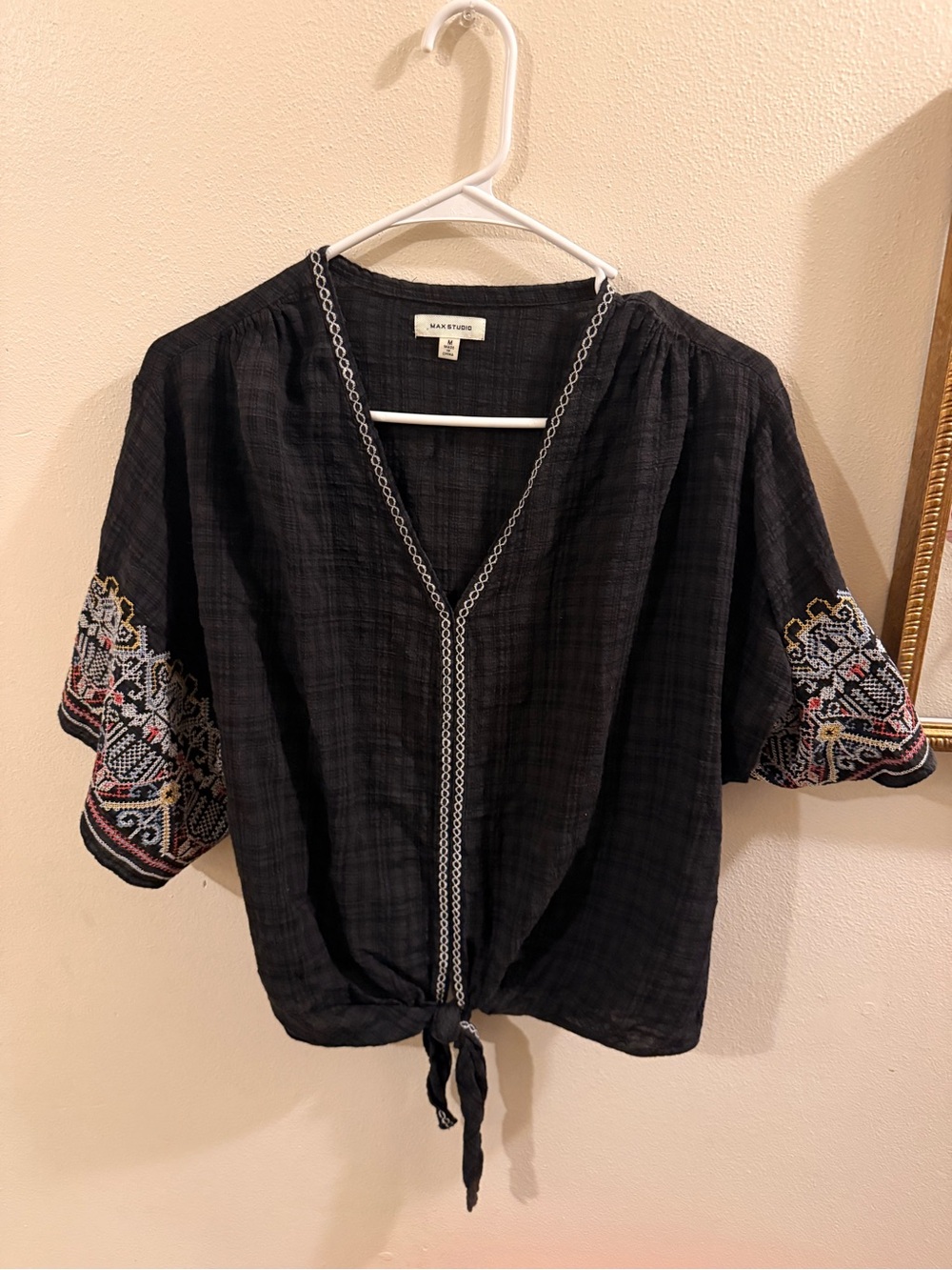 Max Studio Black Embroidered Tie-Front Tunic